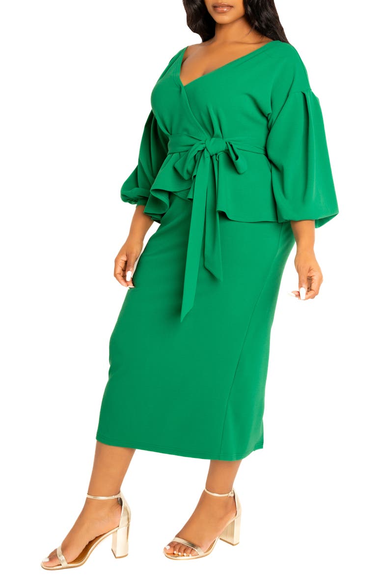 Convertible Shoulder Belted Peplum Midi Dress, Alternate, color, GREEN