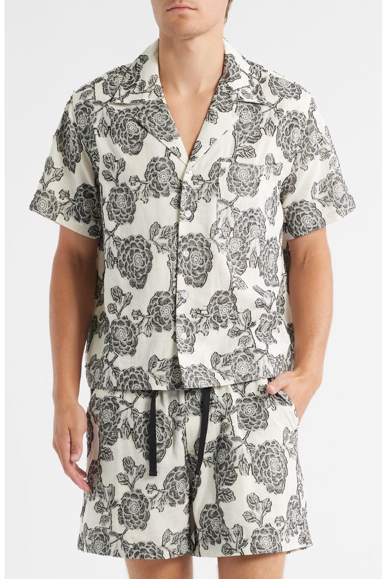 Nathan Floral Cotton & Viscose Blend Camp Shirt, Main, color, BLACK