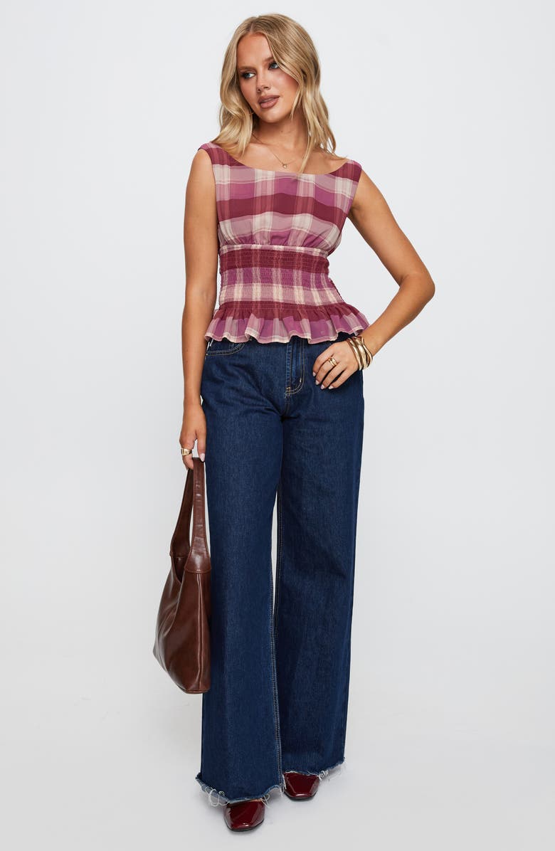 Princess Polly Honey Plaid Smocked Waist Peplum Top, Alternate, color, Pink Check