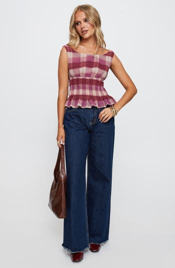 Princess Polly Honey Plaid Smocked Waist Peplum Top | Nordstrom