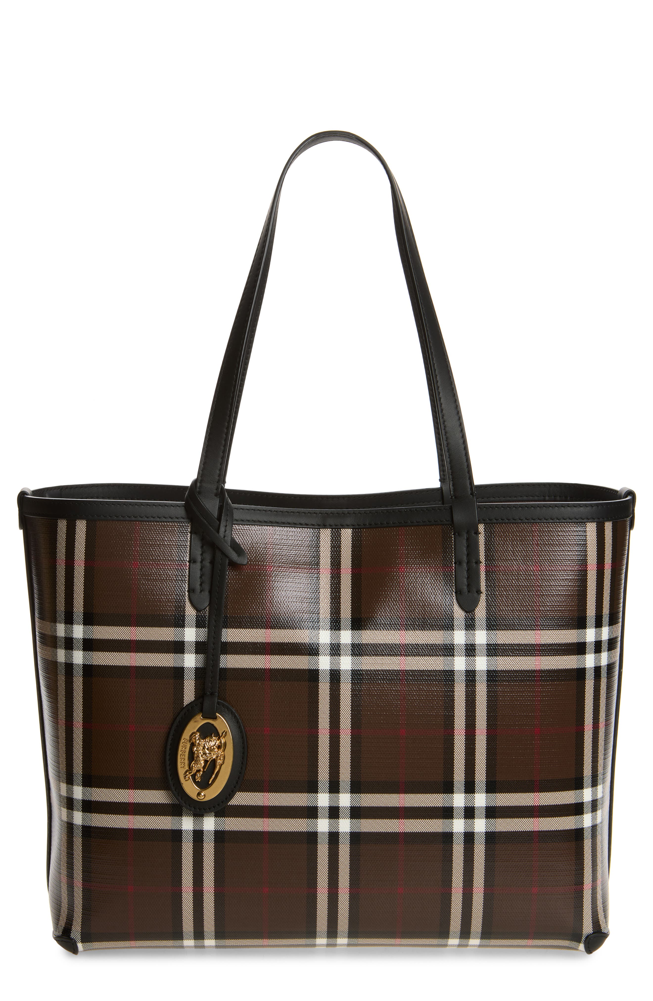 Medium Check Coated Canvas & Leather Tote, Main, color, CHOCOLATE BROWN