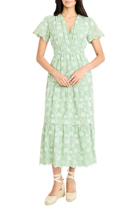 Floral Embroidered V-Neck Tiered Midi Dress