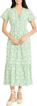 Maggy London Floral Embroidered V-Neck Tiered Midi Dress
