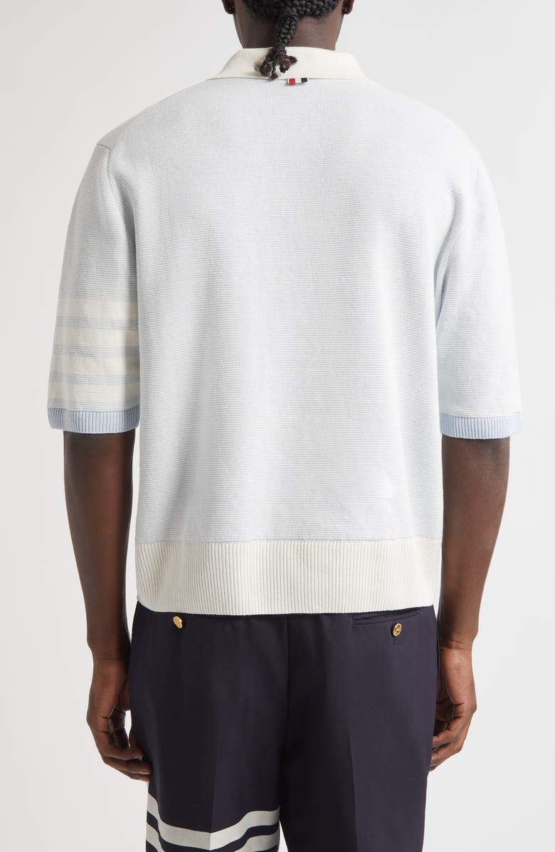 Thom Browne Relaxed Fit 4-Bar Textured Stripe Linen & Cotton Polo Sweater, Alternate, color, Light Blue
