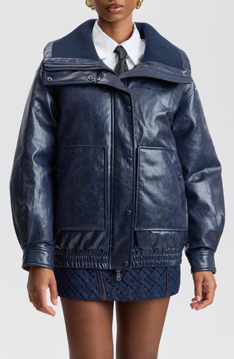 Wide Collar Oversized Padded Faux Leather Bomber Jacket