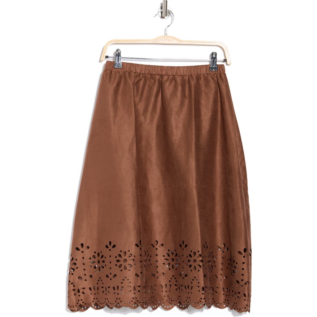 Forgotten Grace Eyelet Scallop Midi Skirt In Brown