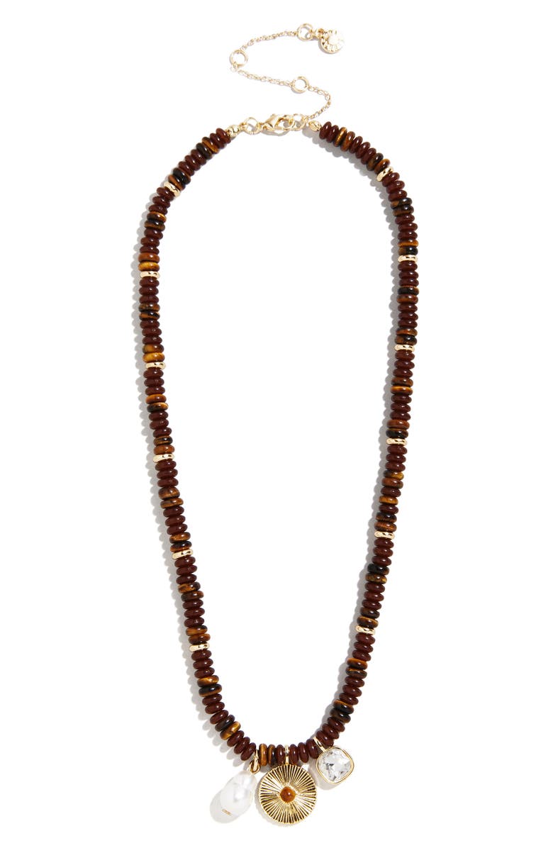 BaubleBar Malia Tiger's Eye Charm Necklace, Main, color, Brown