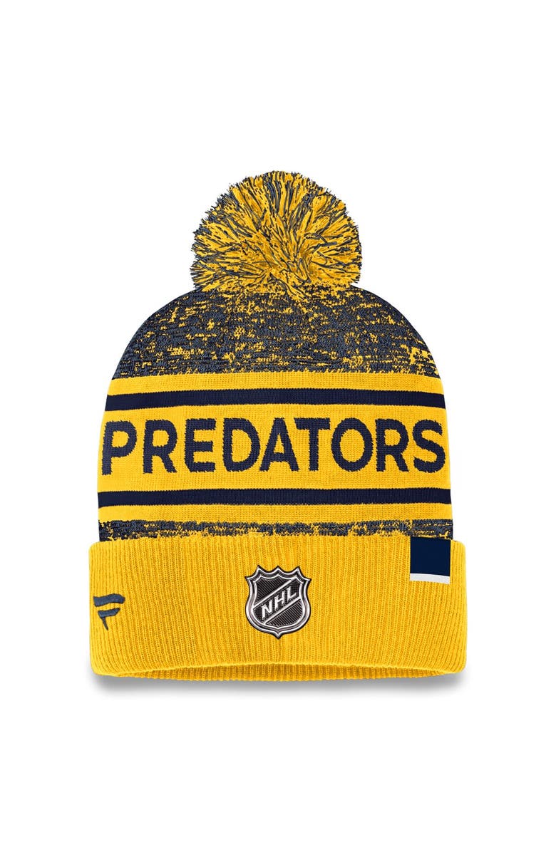 FANATICS Men's Fanatics Branded Gold/Navy Nashville Predators Authentic Pro Cuffed Knit Hat with Pom, Alternate, color,