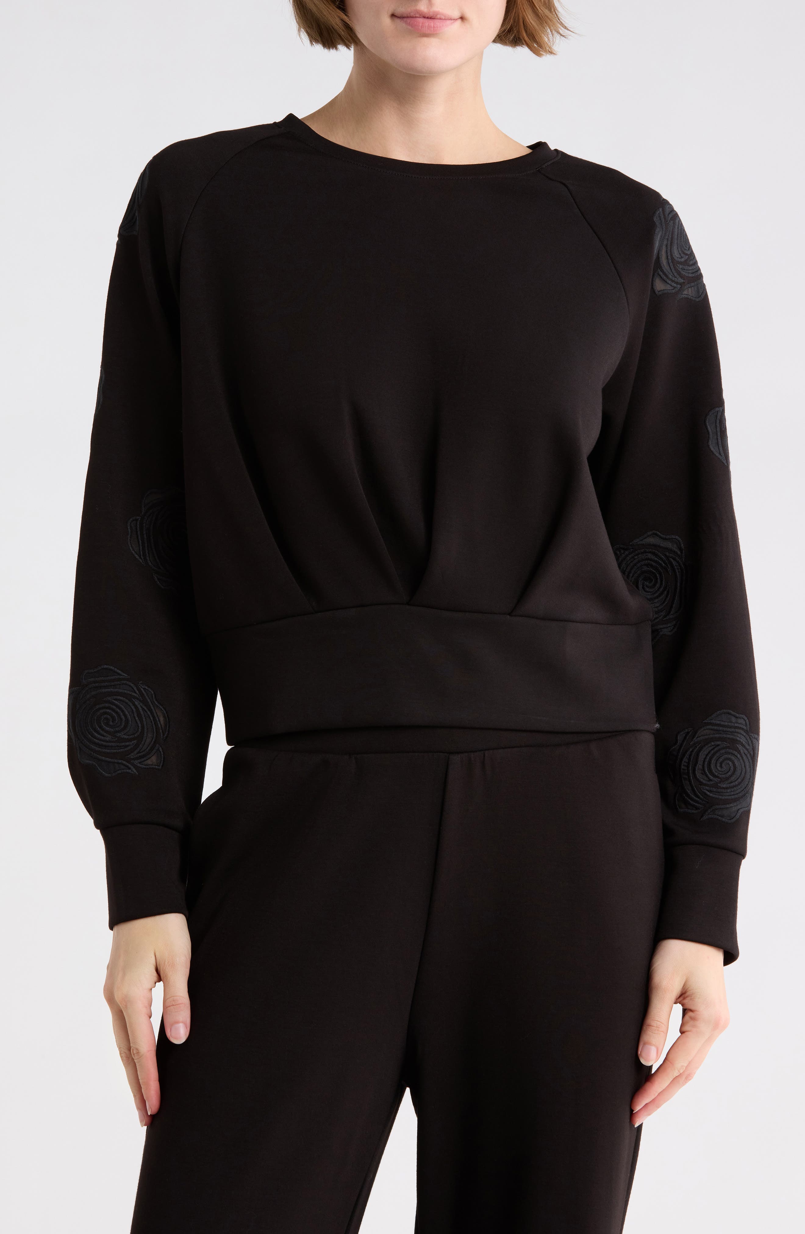 T Tahari Rose Embroidered Scuba Knit Crewneck Top