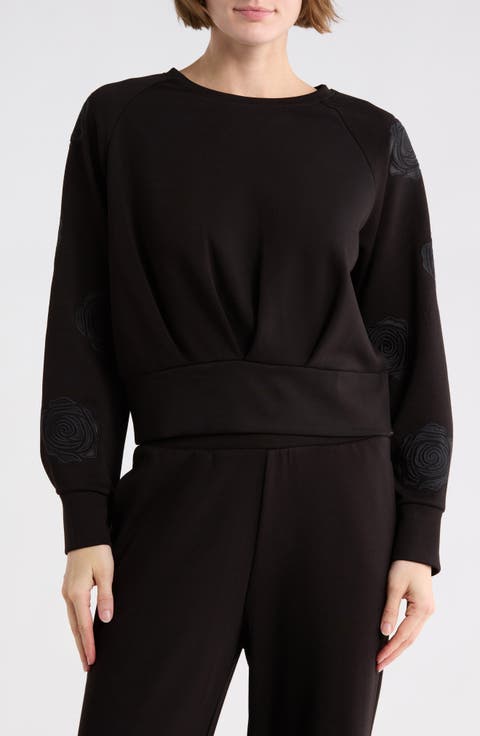 Rose Embroidered Scuba Knit Crewneck Top