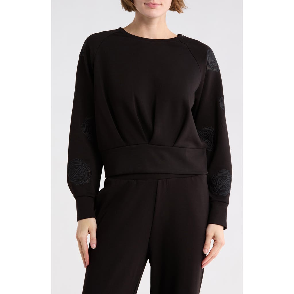 T Tahari Rose Embroidered Scuba Knit Crewneck Top In Black
