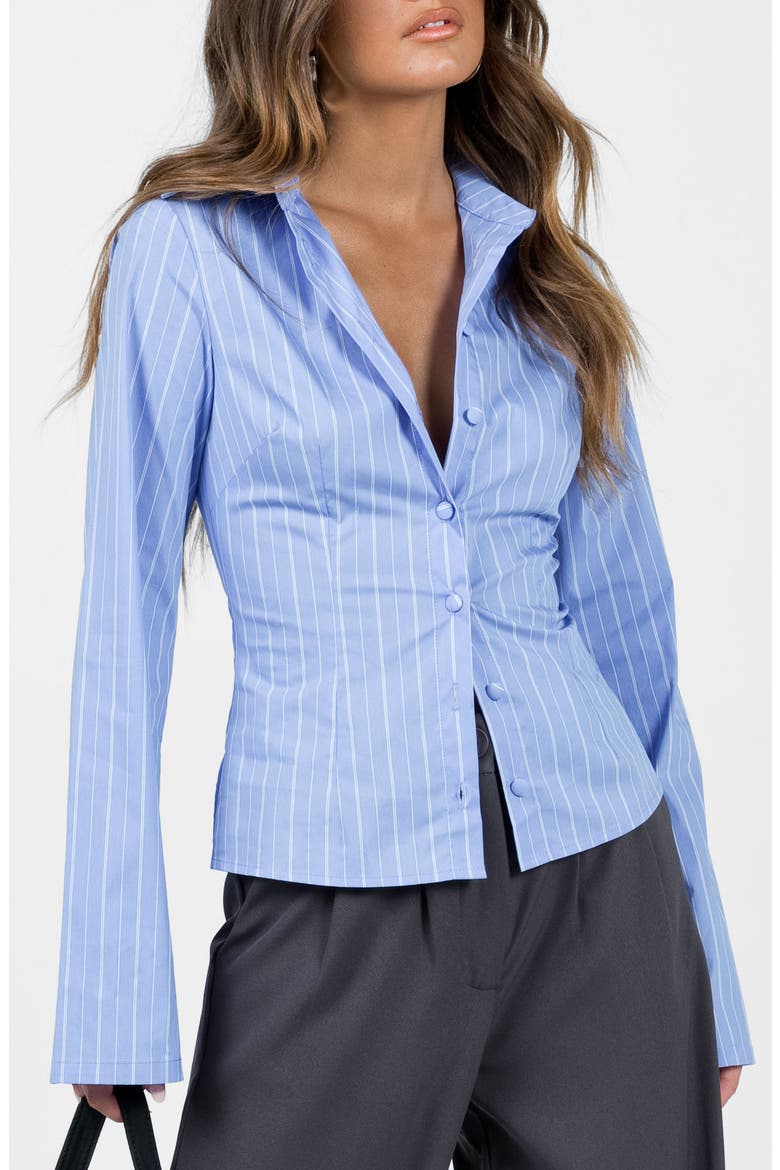 Anni Pinstripe Button-Up Shirt, Main, color, BLUE