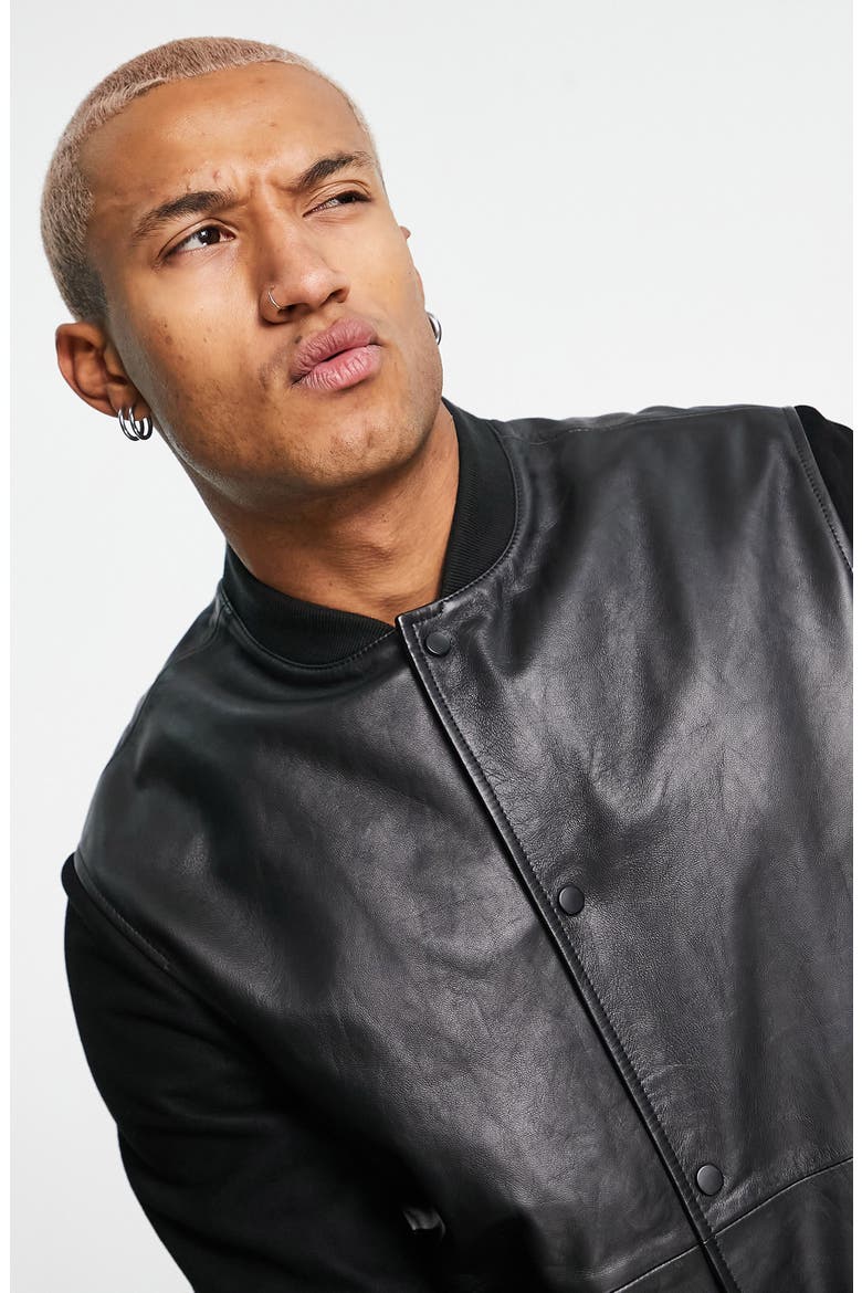 Oversize Leather Bomber Jacket, Alternate, color, BLACK
