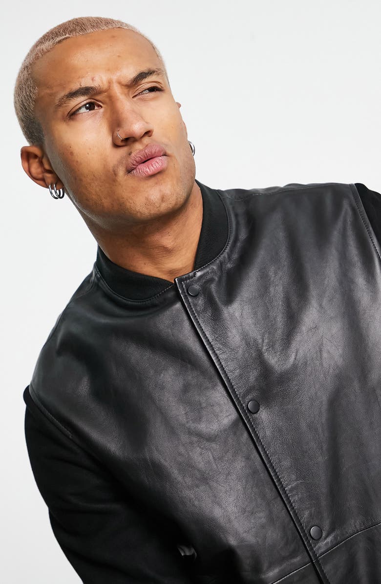ASOS DESIGN Oversize Leather Bomber Jacket, Alternate, color, 