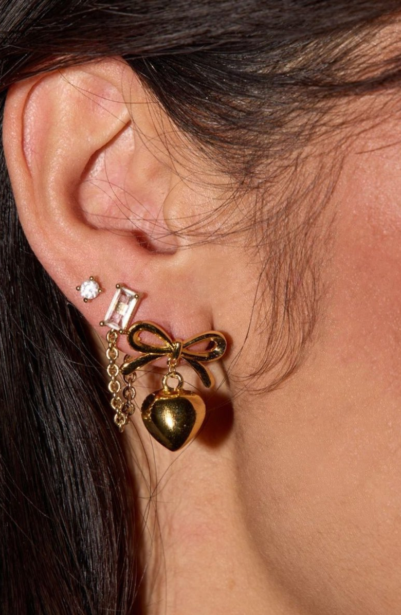 Nickel & Suede Bow & Heart Drop Earrings, Alternate, color, Gold