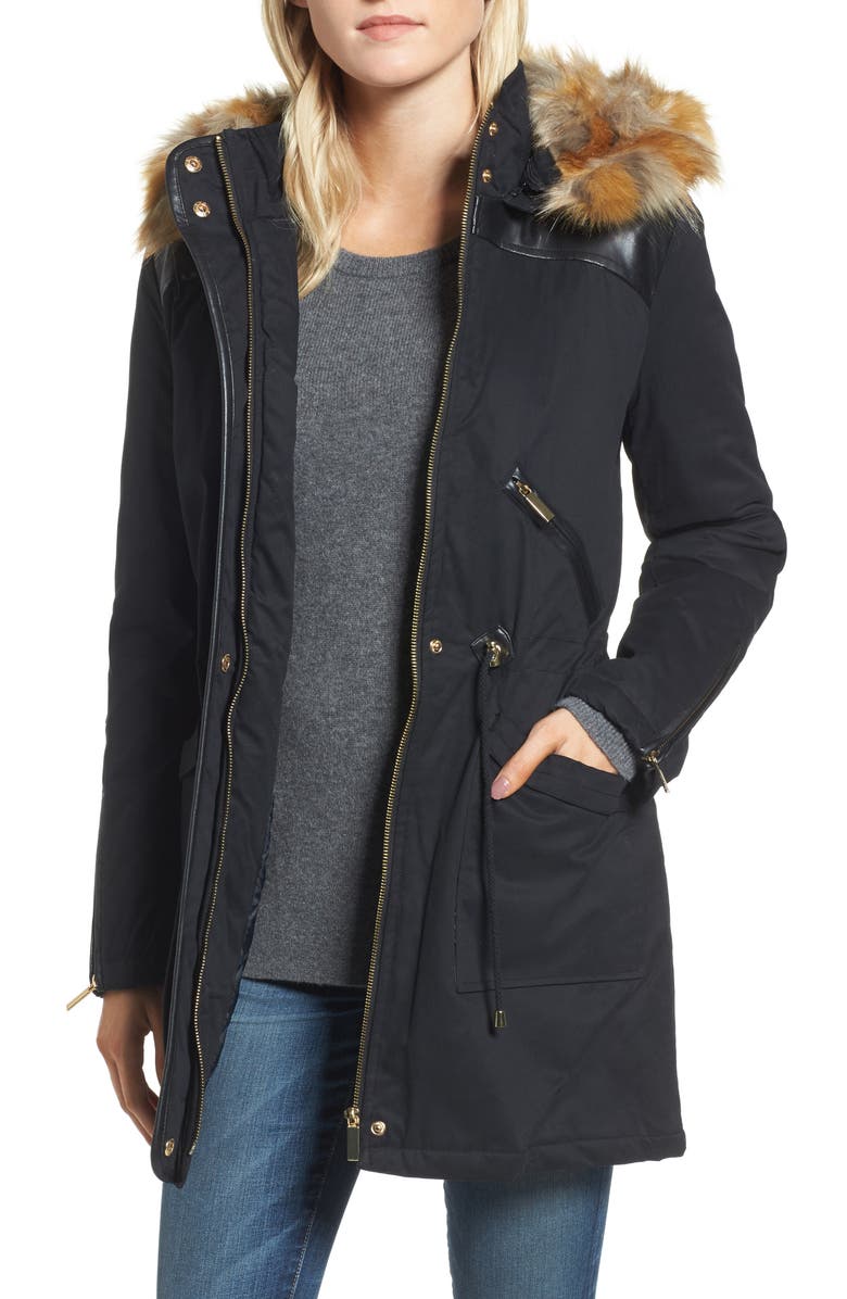 French Connection Mixed Media Parka with Faux Fur Hood, Main, color, 