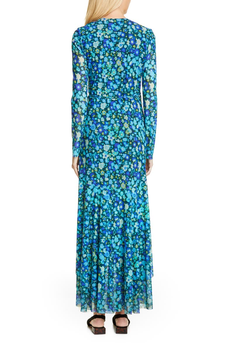 Floral Print Mesh Long Sleeve Maxi Wrap Dress, Alternate, color, AZURE BLUE