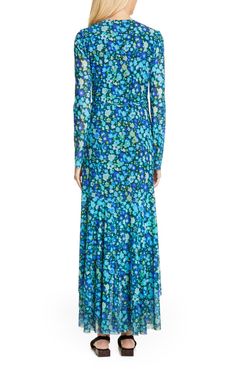 Ganni Floral Print Mesh Long Sleeve Maxi Wrap Dress, Alternate, color, 