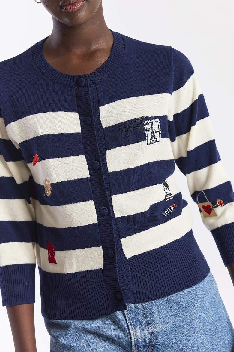 Embroidery Stripe Cardigan, Alternate, color, Navy/Cream