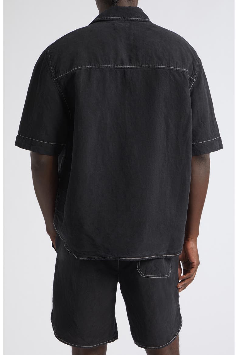 Script Garment Dyed Short Sleeve Linen Blend Button-Up Shirt, Alternate, color, BLACK