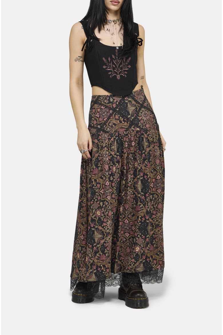 Mythos Print Lace Detail Midaxi Skirt, Alternate, color, Black