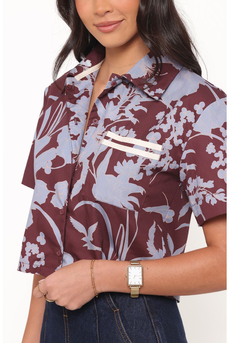 Aine Cropped Short Sleeve Shirt, Alternate, color, BURGUNDY FLORAL