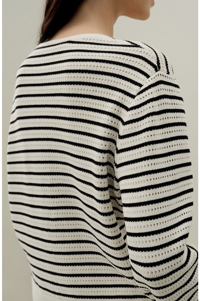 Women's Toscana Striped Pointelle Cardigan, Alternate, color, White With Black Stripes