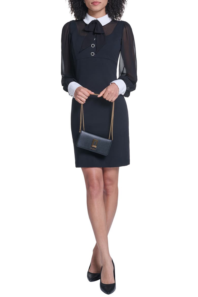 Long Sleeve Mixed Media Sheath Dress, Alternate, color, BLACK/ SOFT WHITE