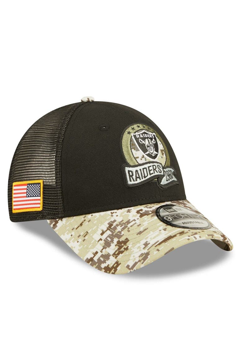 Men's New Era Black/Camo Las Vegas Raiders 2022 Salute To Service 9FORTY Snapback Trucker Hat, Main, color, Black