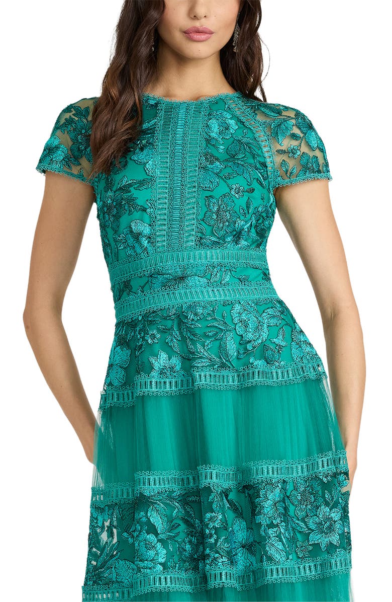 Tadashi Shoji Embroidered Lace Trim Tiered Cocktail Dress, Alternate, color, Emerald