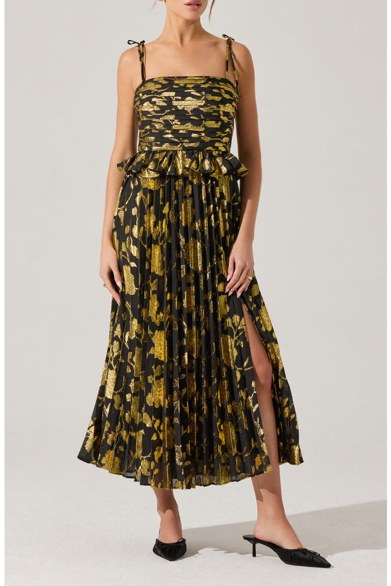 Emerys Metallic Floral Pleated Midi Dress, Main, color, BLACK GOLD