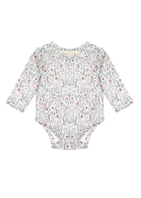 Soft Meadow Long Sleeve Floral Ruffle Trim Bodysuit