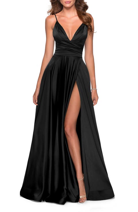 Long Satin Dress with Side Slit and V Shaped Back