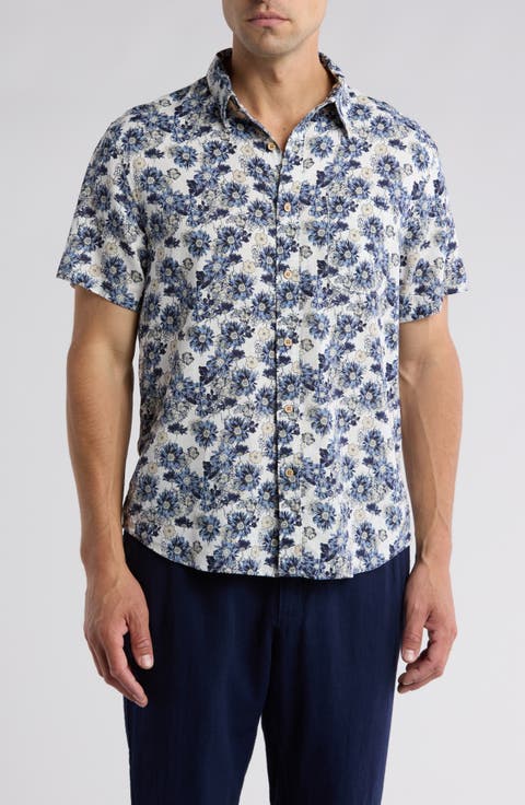 Printed Short Sleeve Linen Blend Button-Up Shirt