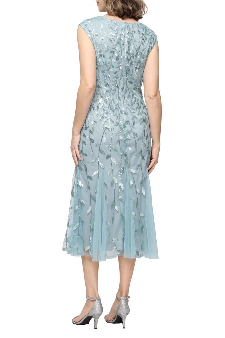 Sequin Leaf Embroidery Cocktail Midi Dress, Alternate, color, ICE SAGE