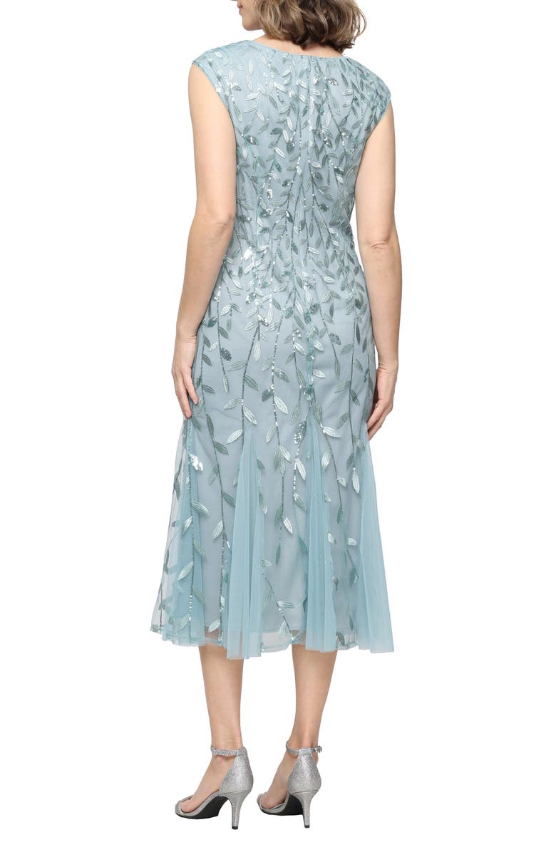 Alex Evenings Sequin Leaf Embroidery Cocktail Midi Dress, Alternate, color, Ice Sage