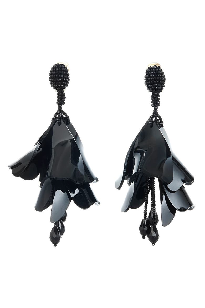 Large Impatiens Flower Clip Earrings, Alternate, color, BLACK