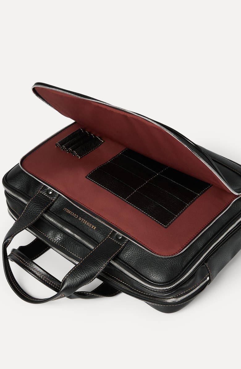 Brunello Cucinelli Grained calfskin briefcase with zipper, Alternate, color, Black