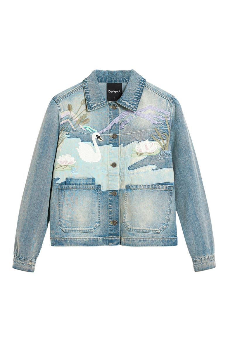 Swan Appliqué Denim Trucker Jacket, Alternate, color, MEDIUM BLUE