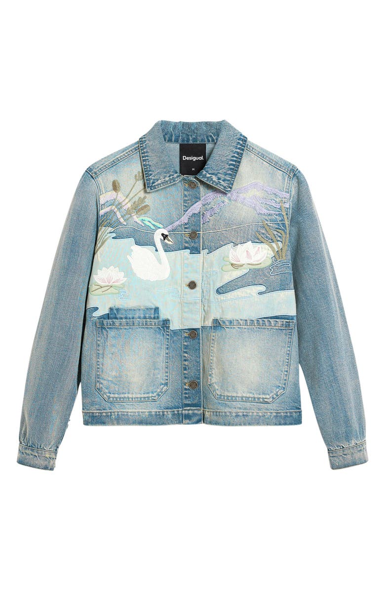 Desigual Swan Appliqué Denim Trucker Jacket, Alternate, color, Medium Blue