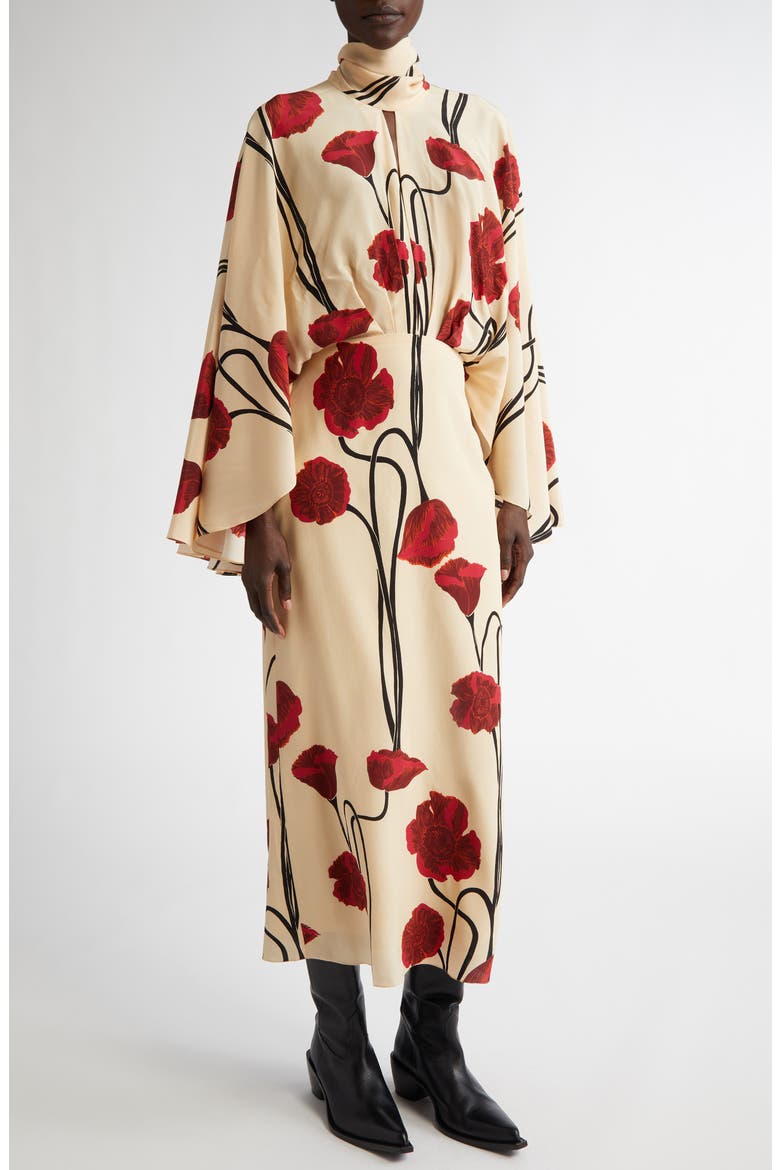 Parajes Lejanos Long Sleeve Silk Midi Dress, Main, color, PAPAVER SOMNIFERUM/ ECRU