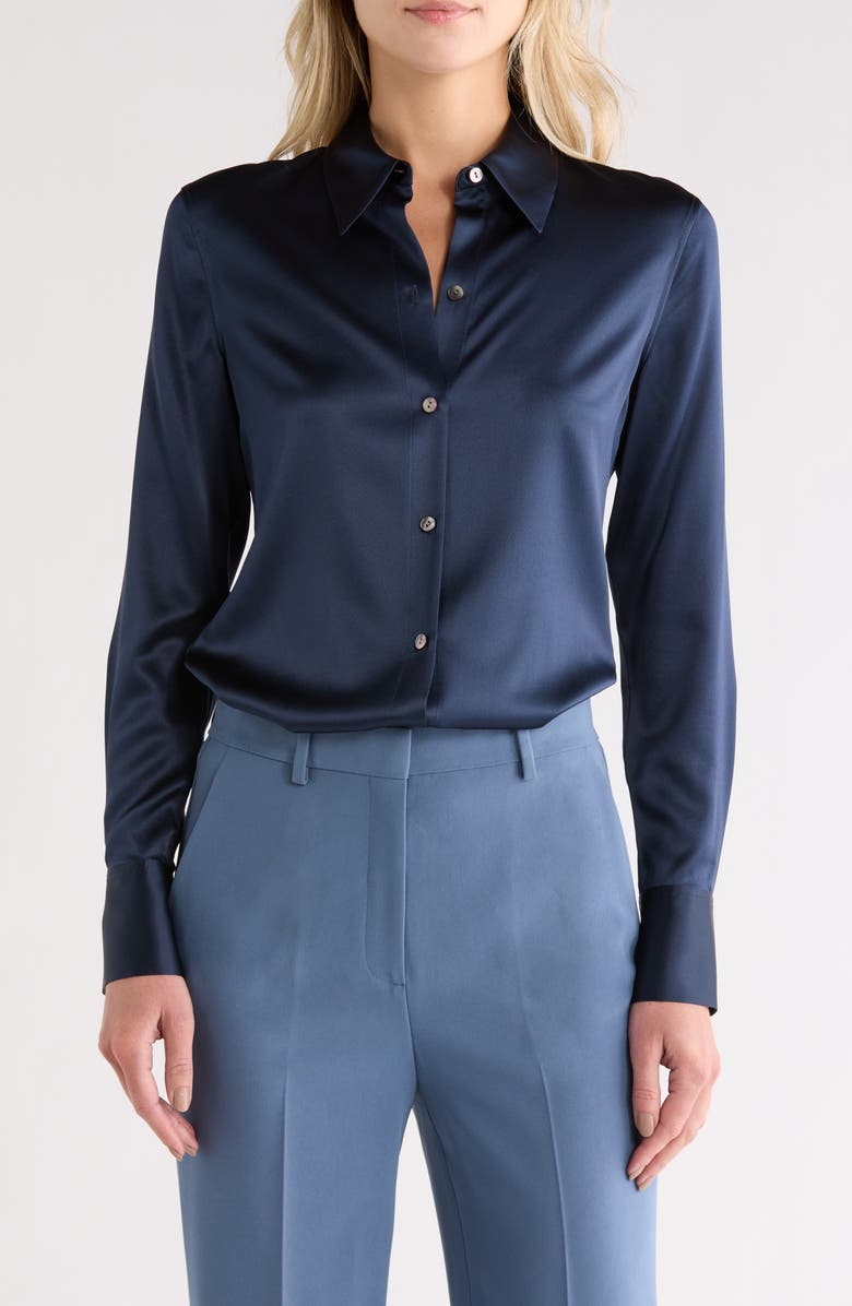 Theory Perfect Fitted Stretch Silk Button-Up Shirt, Main, color, 