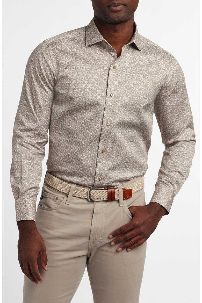 Geometric Print Cotton Sport Shirt, Main, color, DUNE