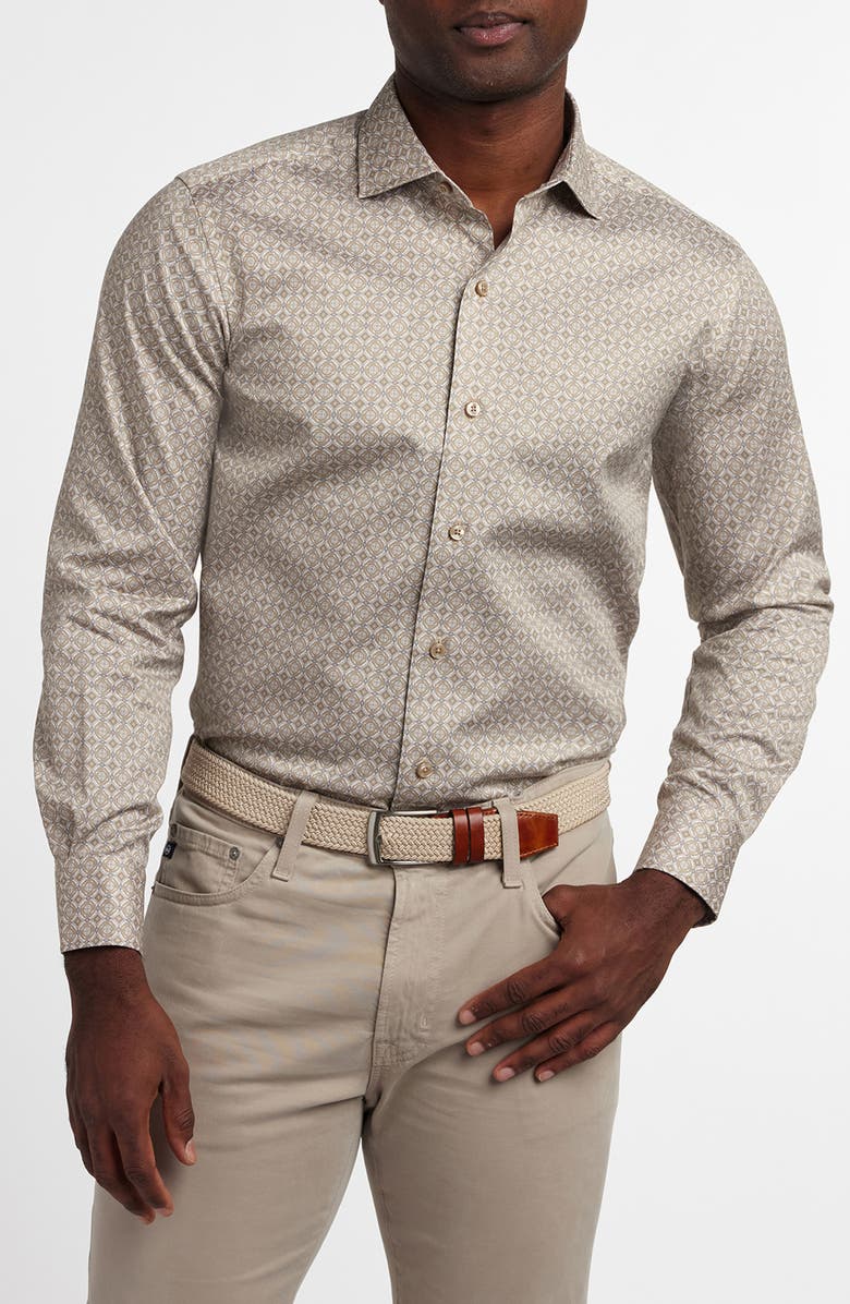 David Donahue Geometric Print Cotton Sport Shirt, Main, color, Dune
