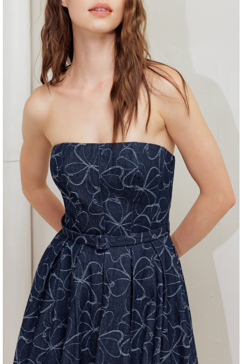 Printed Strapless Belted Denim Midi Dress, Alternate, color, DENIM