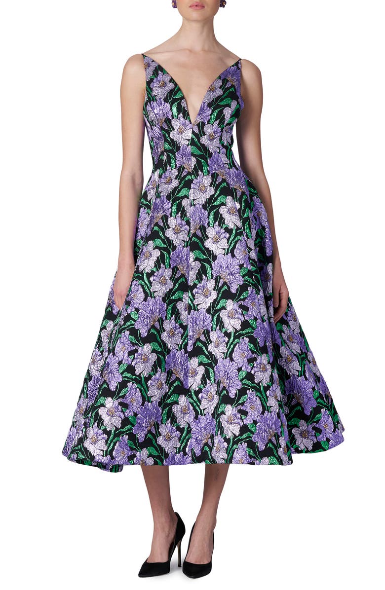 Carolina Herrera Plunge Neck Midi Dress, Main, color, 