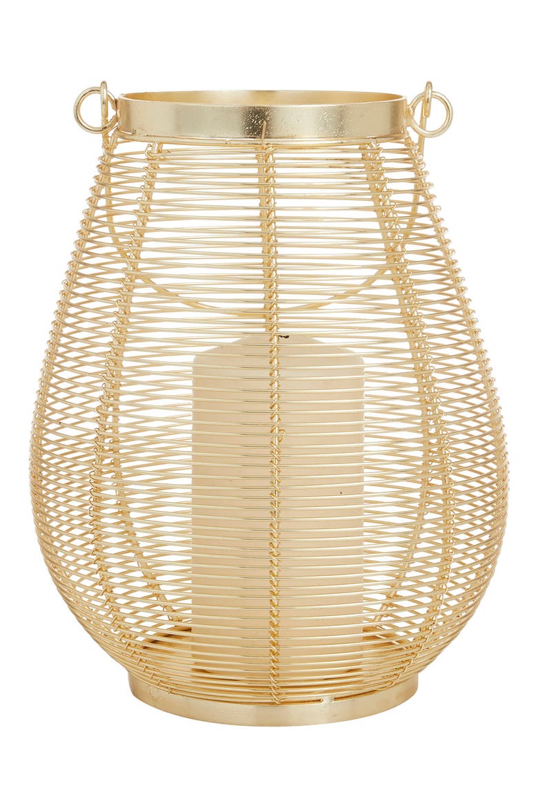 Goldtone Metal Pillar Candle Lantern with Thin Handle, Main, color, GOLD