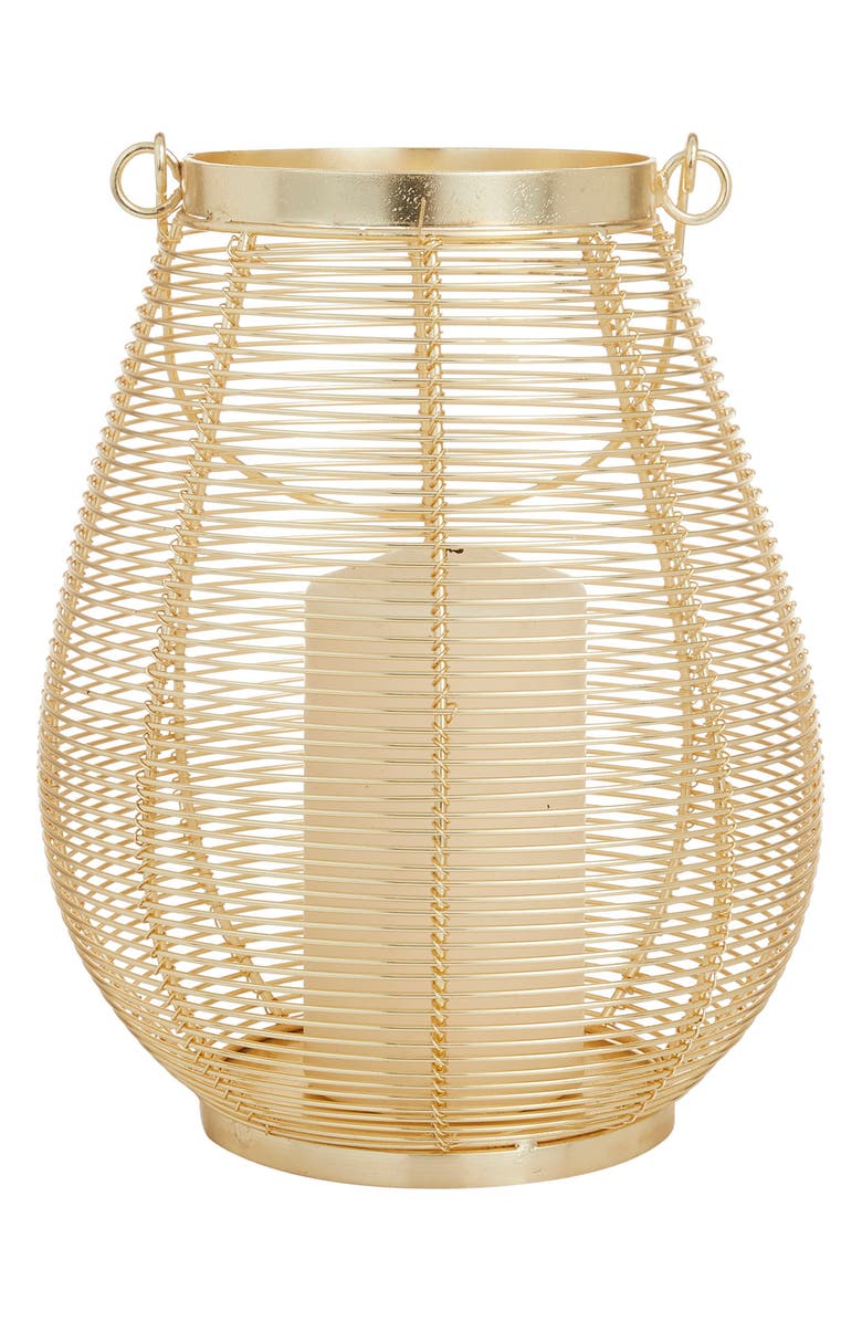 VIVIAN LUNE HOME Goldtone Metal Pillar Candle Lantern with Thin Handle, Main, color, Gold