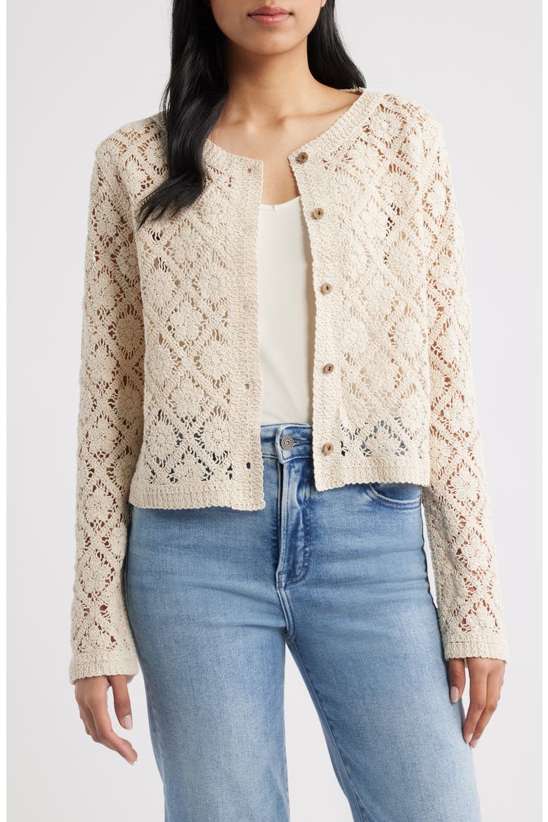Diamond Floral Crochet Button Front Cardigan, Main, color, OATMEAL
