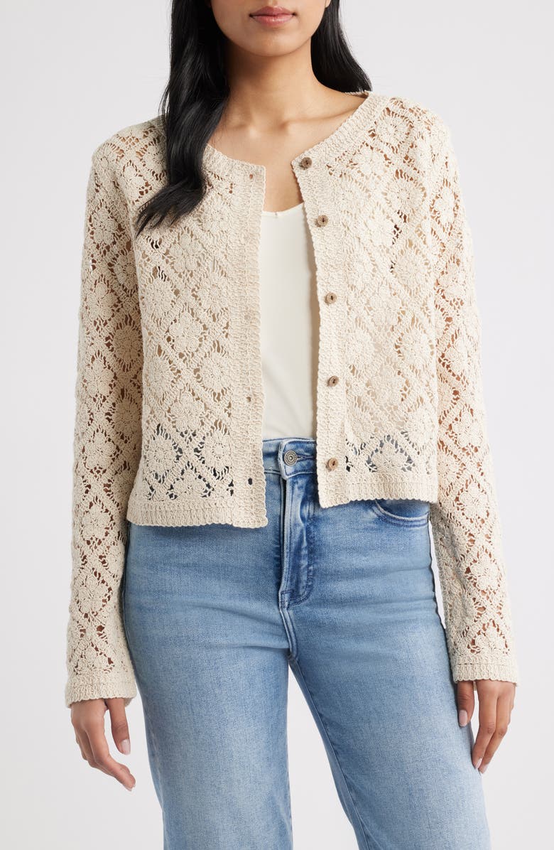 Bobeau Diamond Floral Crochet Button Front Cardigan, Main, color, Oatmeal